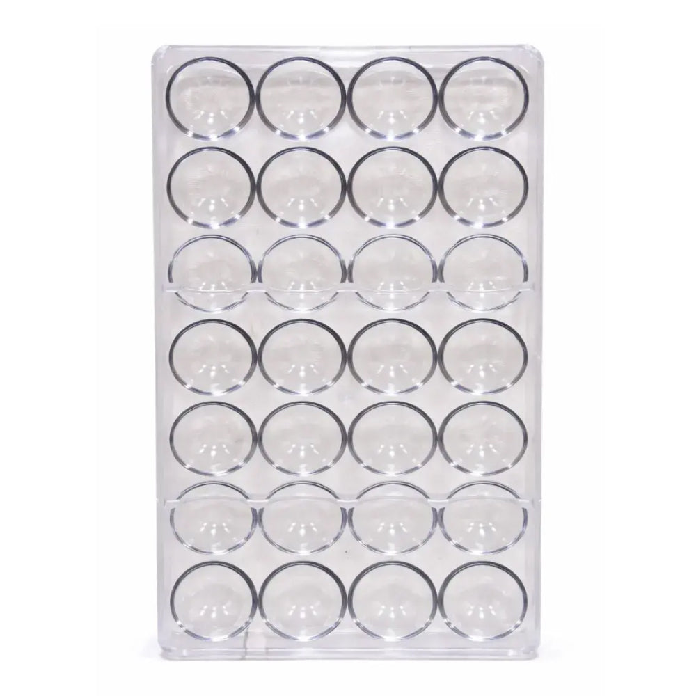 Polycarbonate mold Clear with multiple small round compartments on a white background