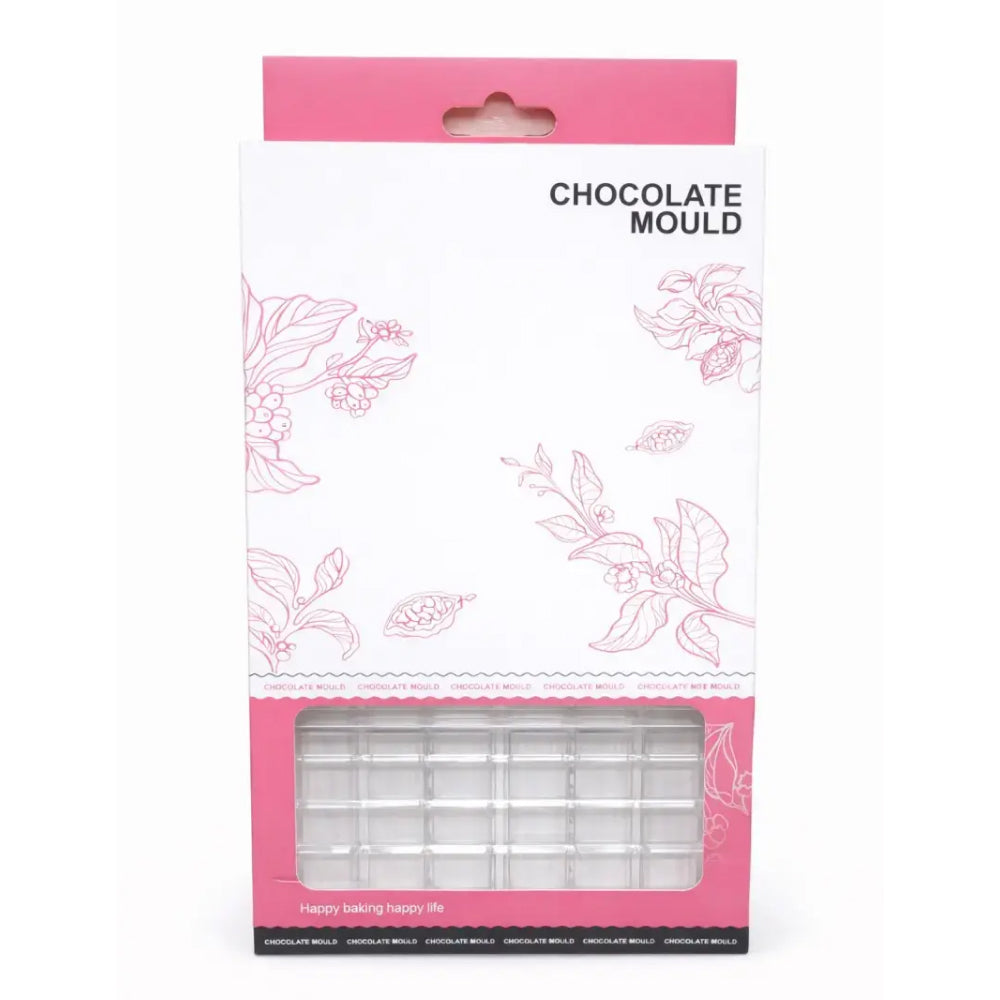 Polycarbonate Chocolate mould packaging with floral design on a white background