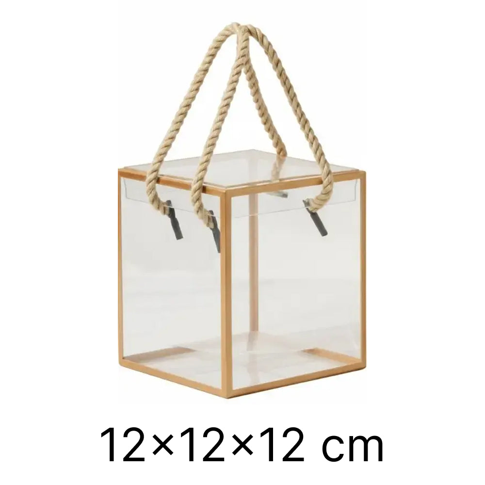 Clear square with wooden frame and rope handle on a white background