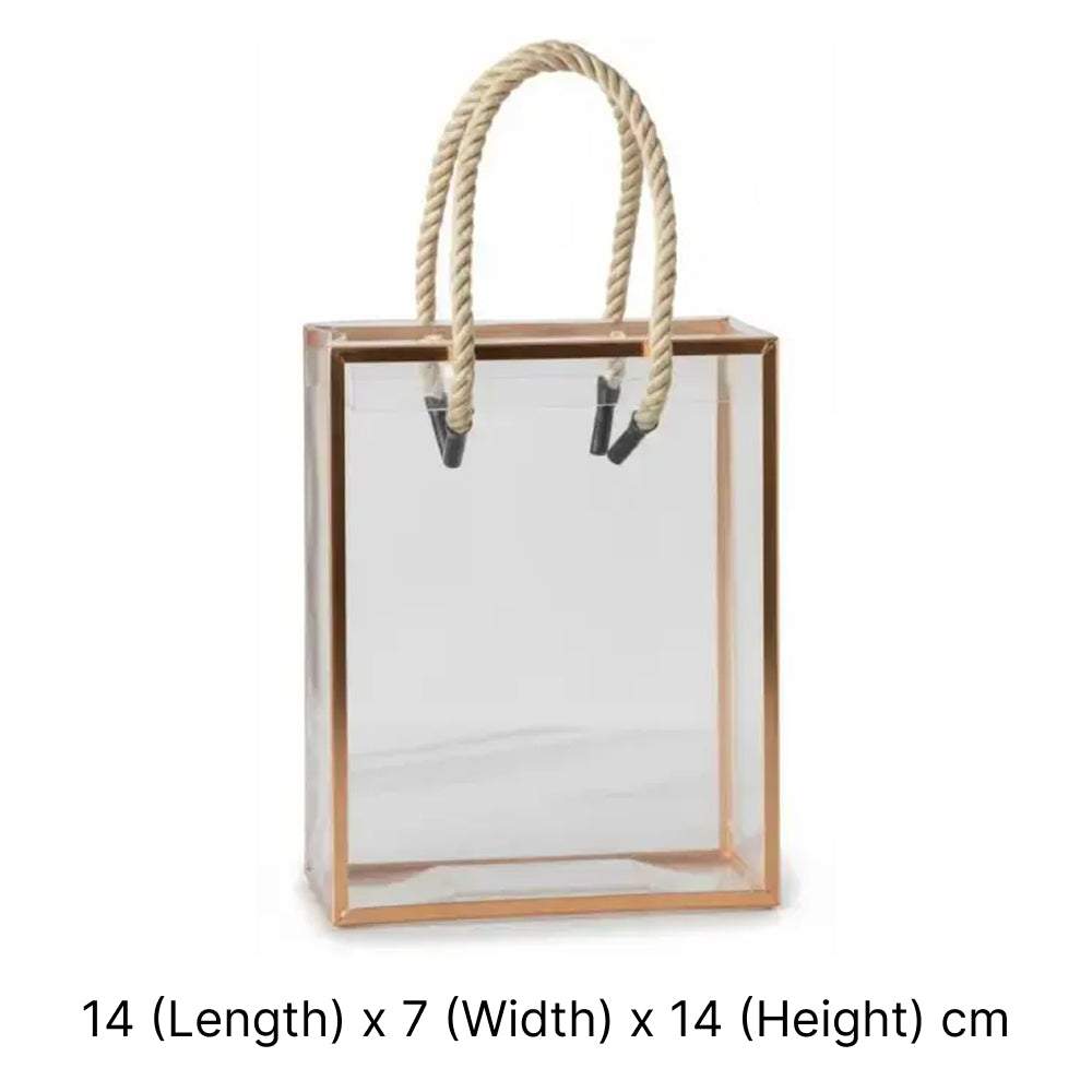 Clear glass lantern with wooden frame and rope handle on a white background