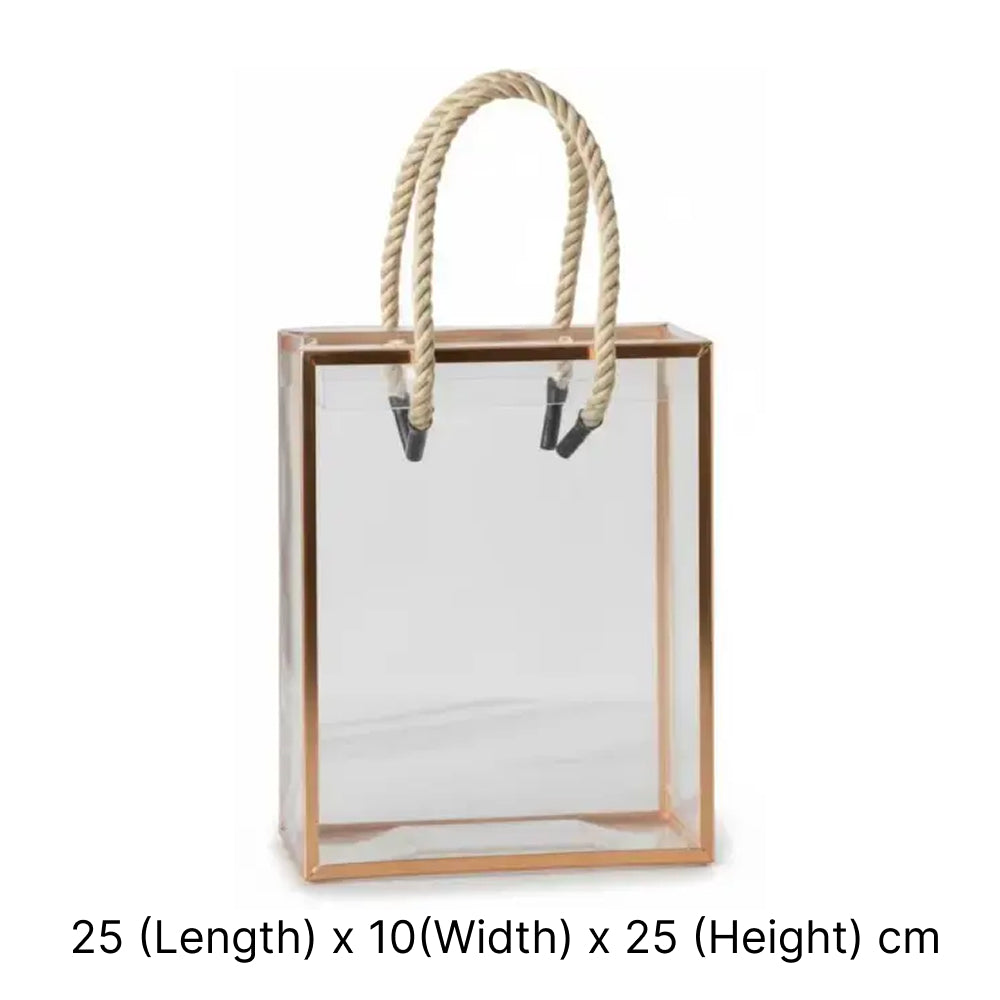 Clear shopping bag with wooden frame and rope handles on a white background