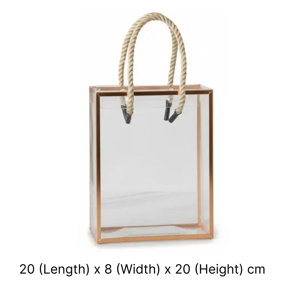 Clear rectangular bag with wooden frame and rope handles on a white background