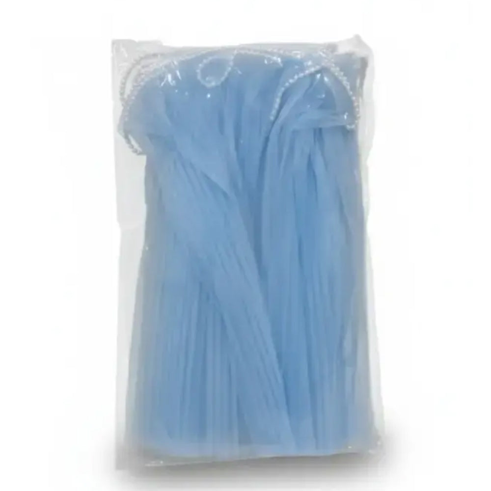Clear plastic bag with blue net on a white background