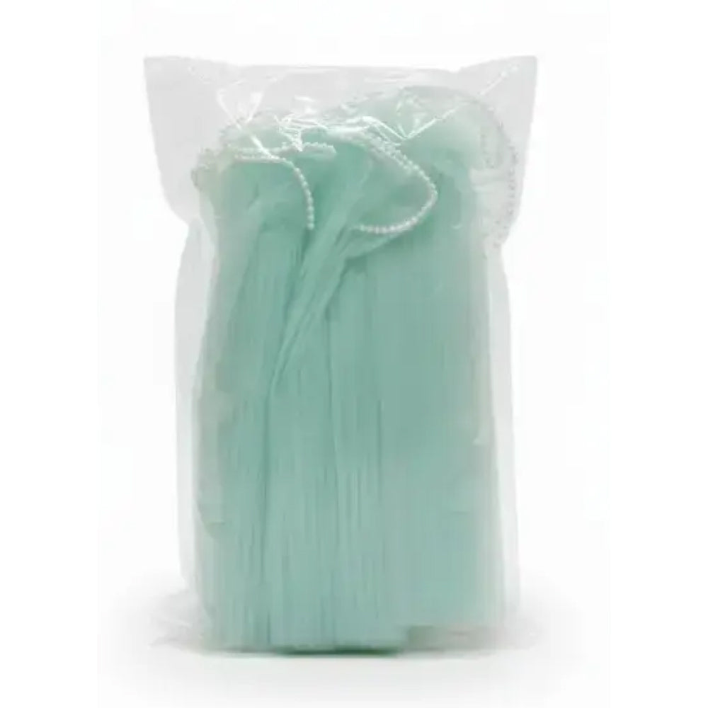 Pack of light green net in a clear plastic bag on a white background