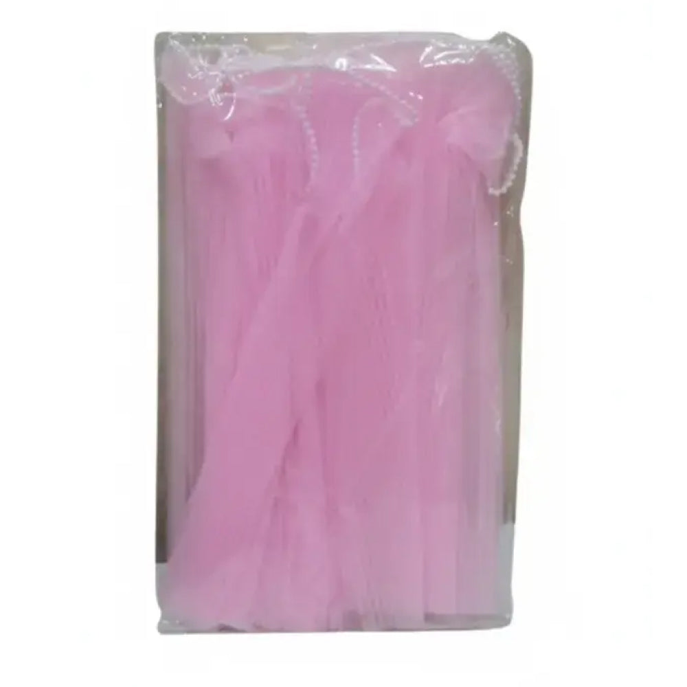 Pink net in a clear plastic bag on a white background