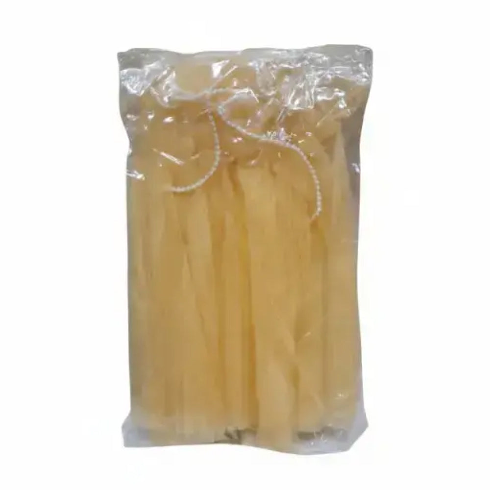 Clear plastic bag with yellow net on a white background