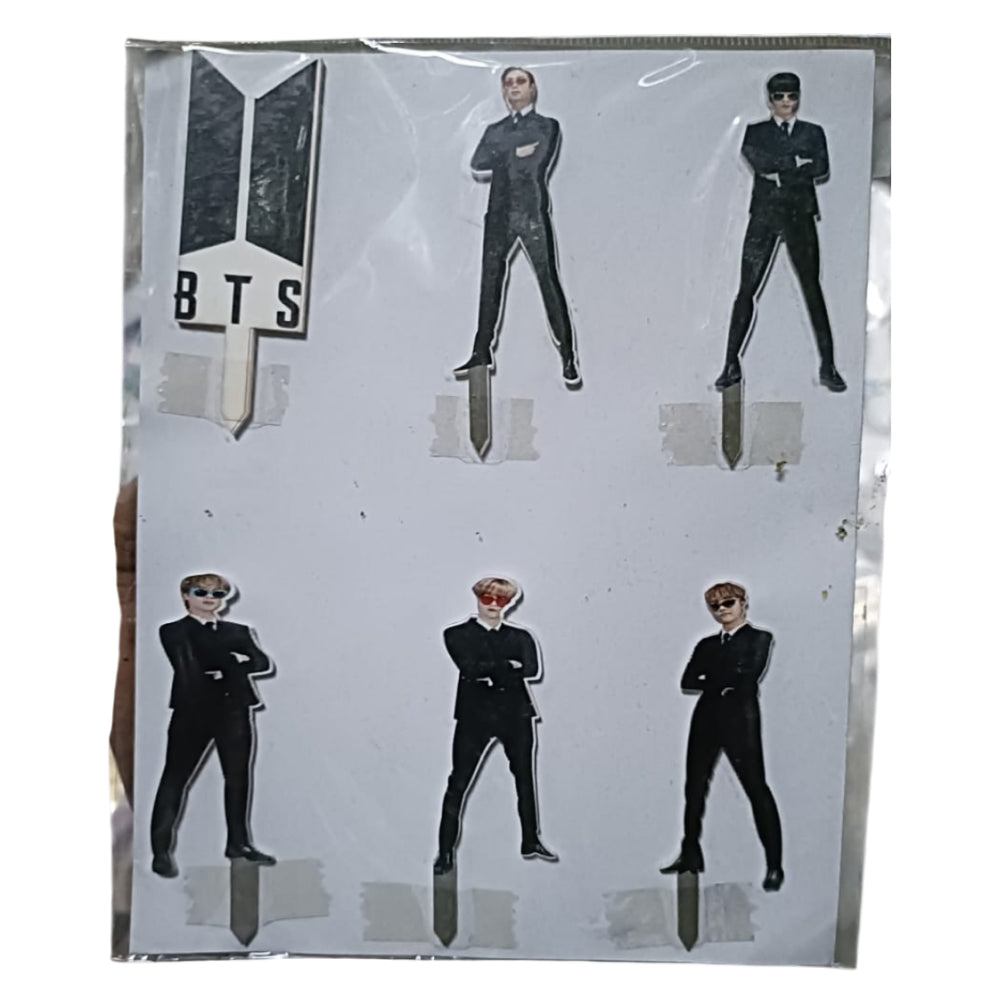 Sticker sheet with BTS members in black outfits on a white background