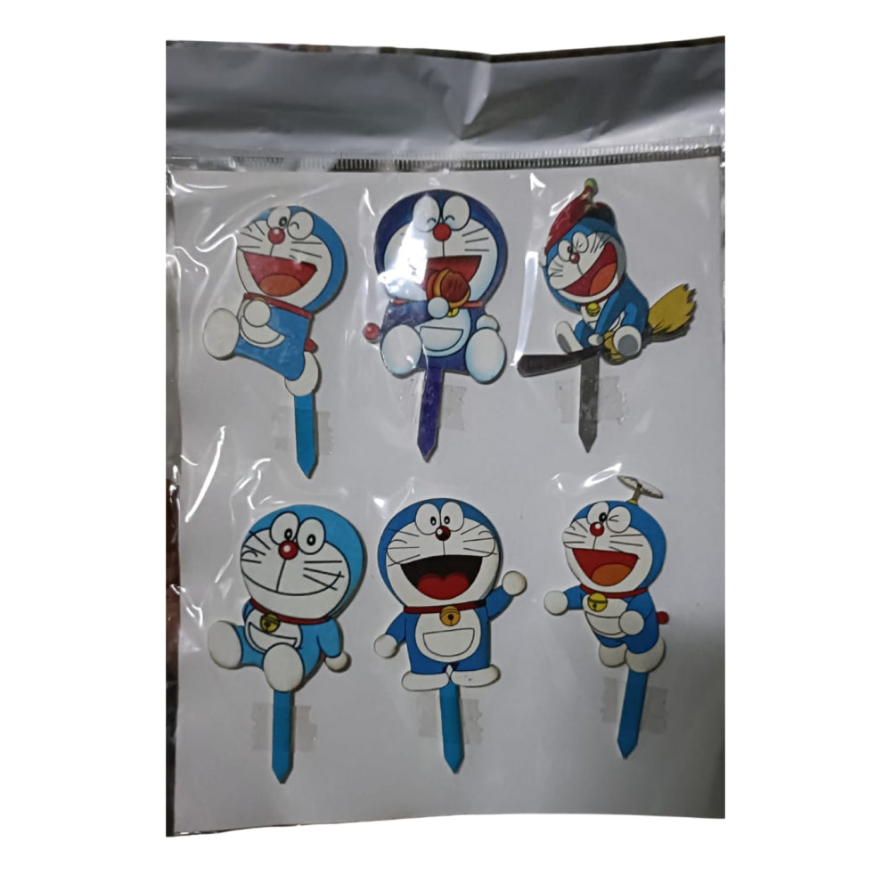 Set of cartoon character figurines in a clear plastic bag on a white background