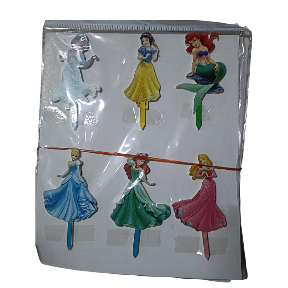 Packaged Disney princess cake toppers with characters on a white background