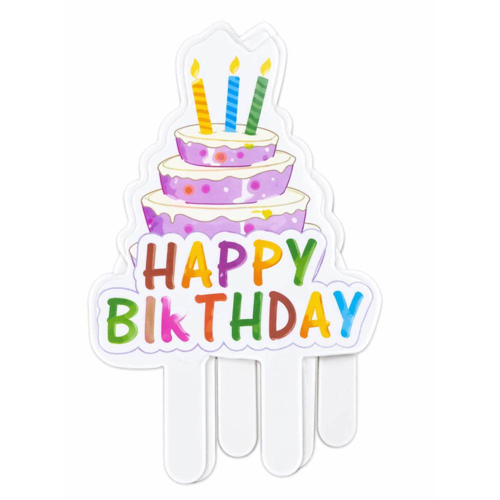 Colorful birthday cake with candles and 'Happy Birthday' text on a white background