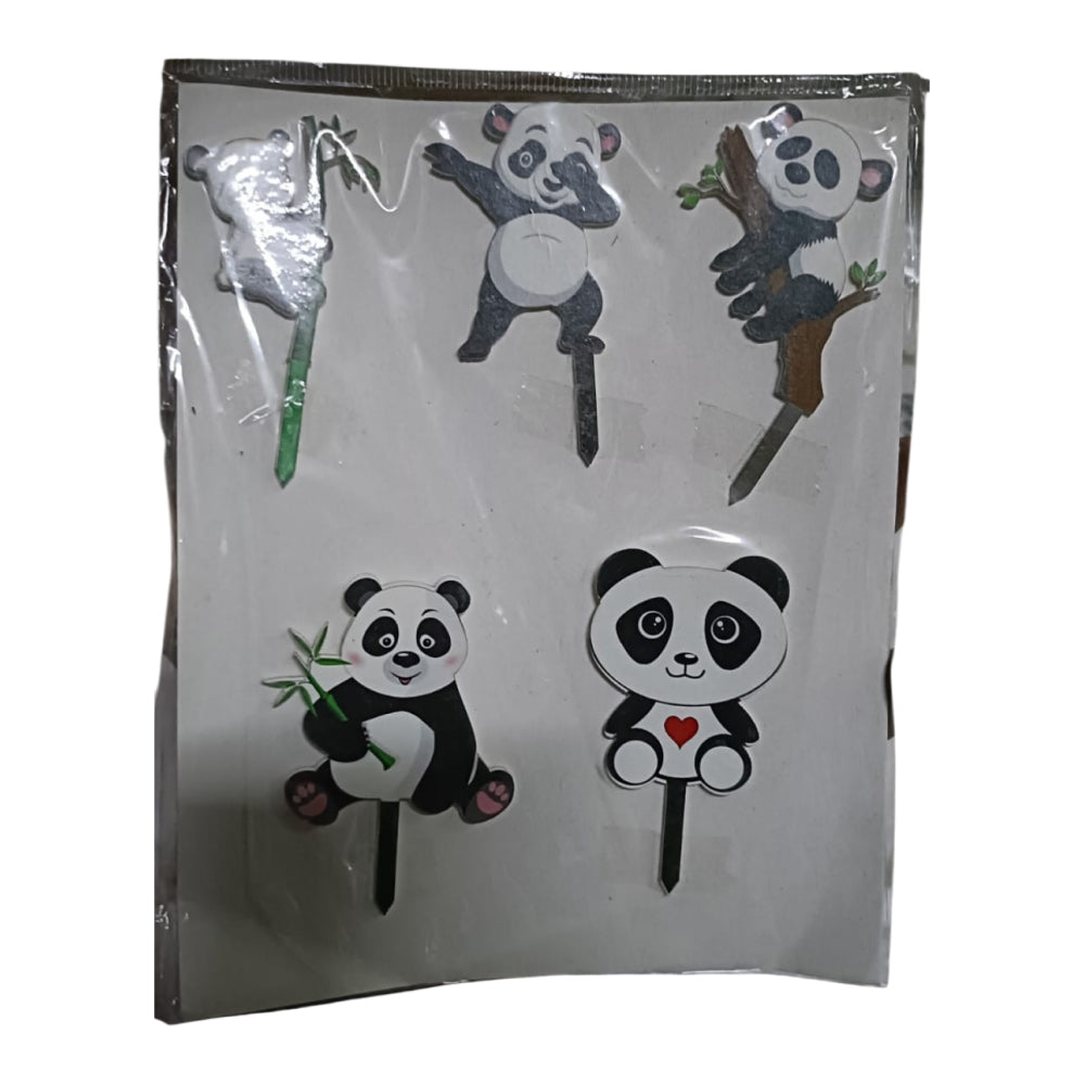 Packaged panda-themed cake toppers with clear plastic wrapping.