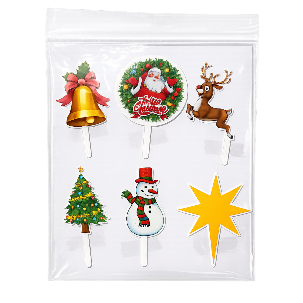 Set of Christmas-themed cake toppers including a bell, wreath with Santa Claus, reindeer, Christmas tree, snowman, and star, in a clear packaging bag.