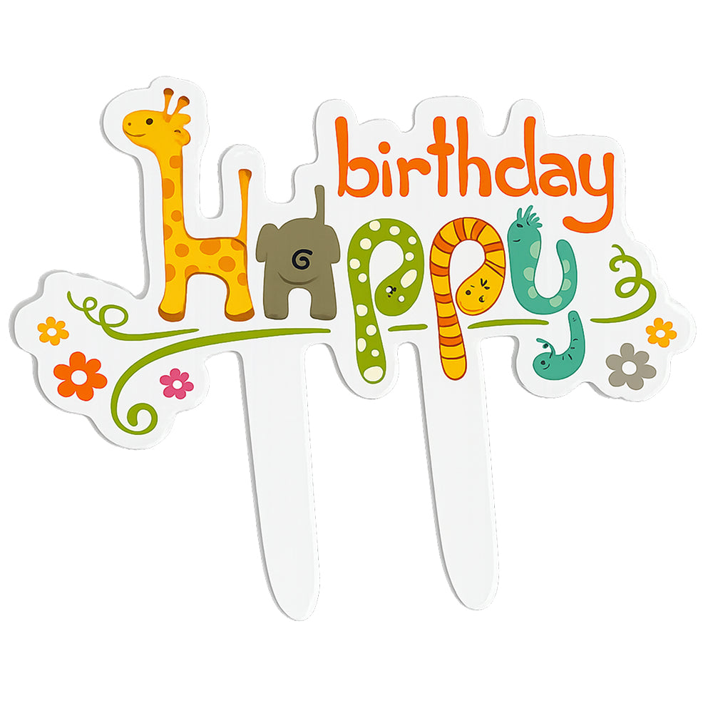 Colorful 'Happy Birthday' cake topper with animals on a white background