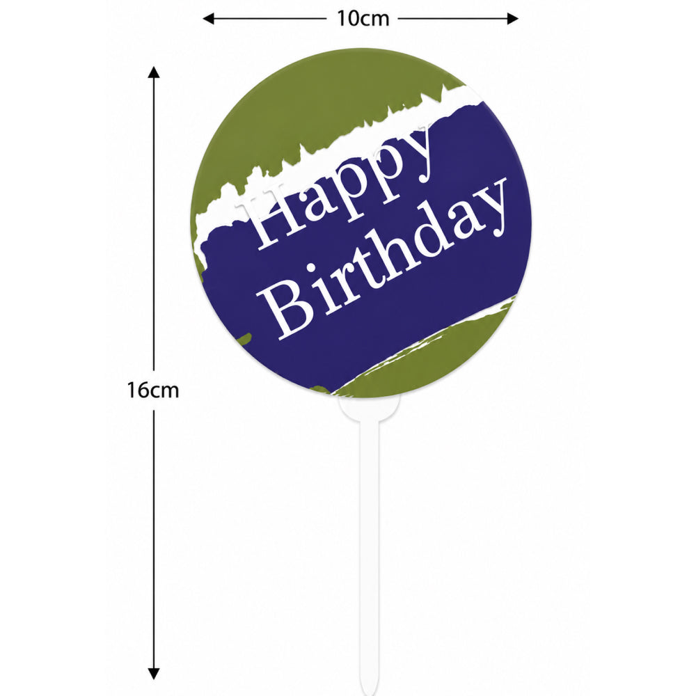Round 'Happy Birthday' sign with green and blue design, dimensions indicated.