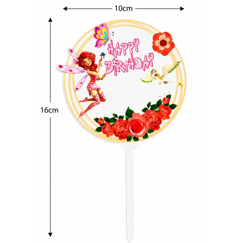 Cake topper with fairy design, flowers, and 'Happy Birthday' text, with measurements on a white background.