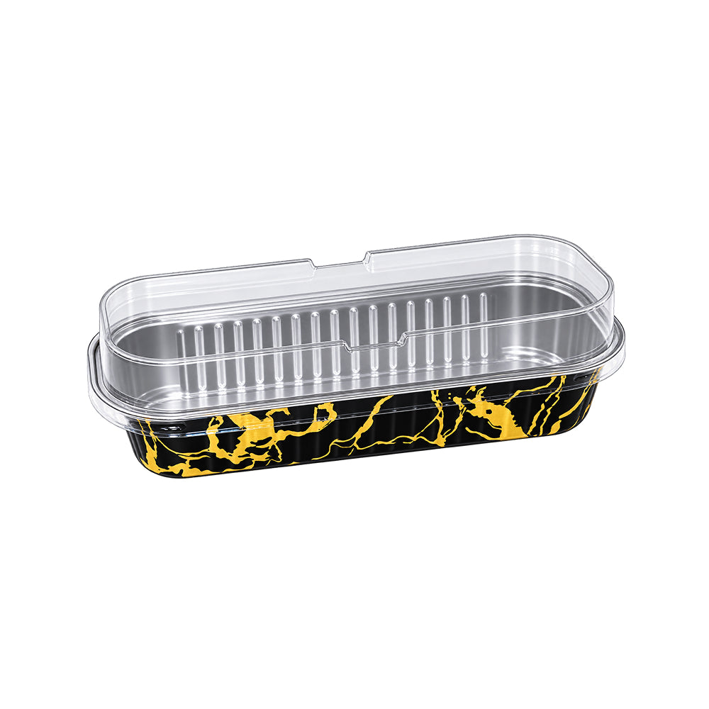 CL108 200 ML Disposable Rectangle Aluminium Foil Dessert Container with Transparent Lid | Pack of 10