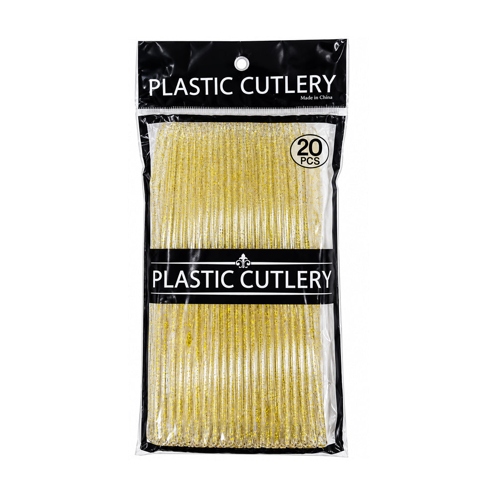 BT312 Premium Heavy Quality Transparent Plastic Cake Knife Silver & Golden Shimmer,Pack of 20 Pcs