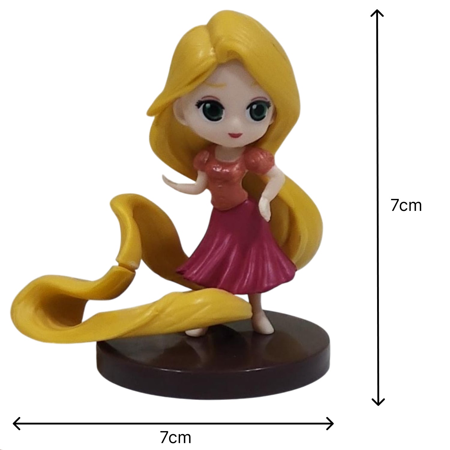Figurine of a character with long yellow hair and a pink dress Princess Cartoon Cake Topper Set – Fairy Tale Princess Decorations | PVC, shown with dimensions on a white background.