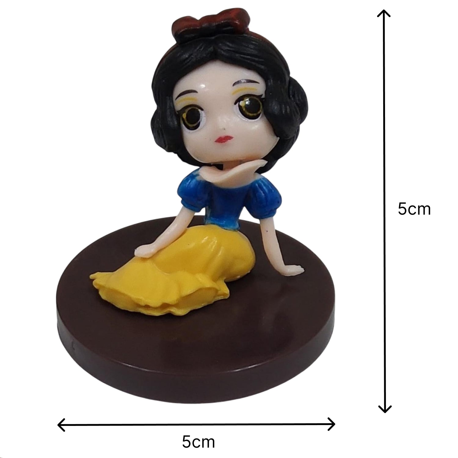 Figurine of a character in a blue top and yellow skirt Princess Cartoon Cake Topper Set – Fairy Tale Princess Decorations | PVC with measurements on a white background