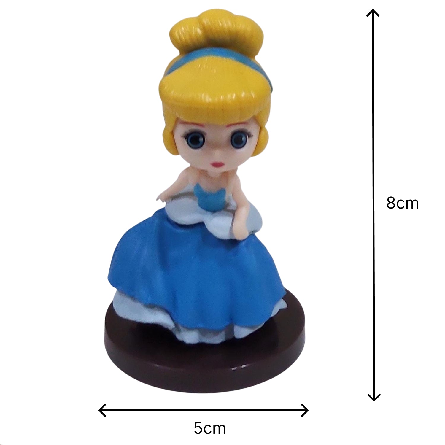 Figurine of a character in a blue dress Princess Cartoon Cake Topper Set – Fairy Tale Princess Decorations | PVC with measurements on a white background