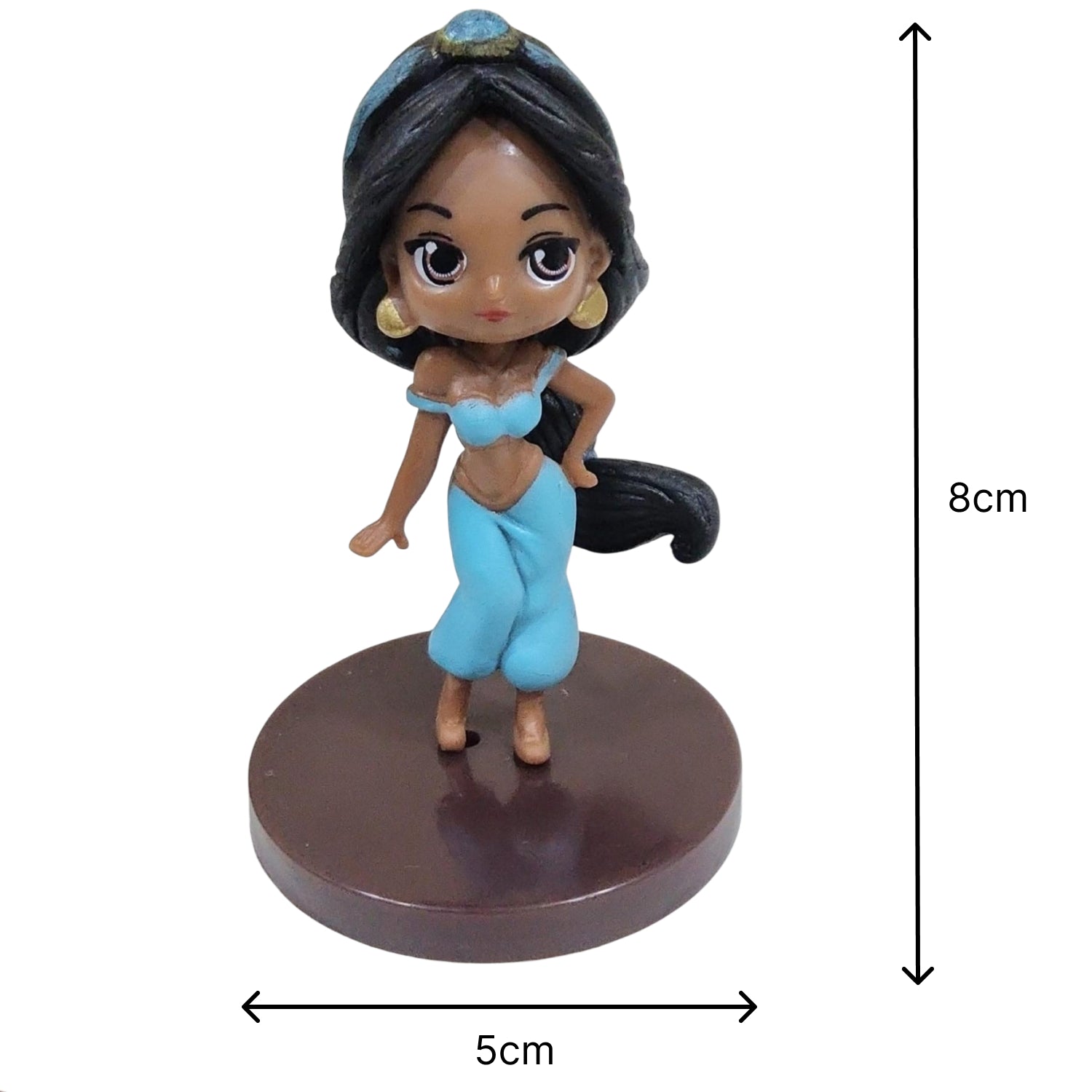 Toy figure of a character in blue dress Princess Cartoon Cake Topper Set – Fairy Tale Princess Decorations | PVC with measurements on a white background