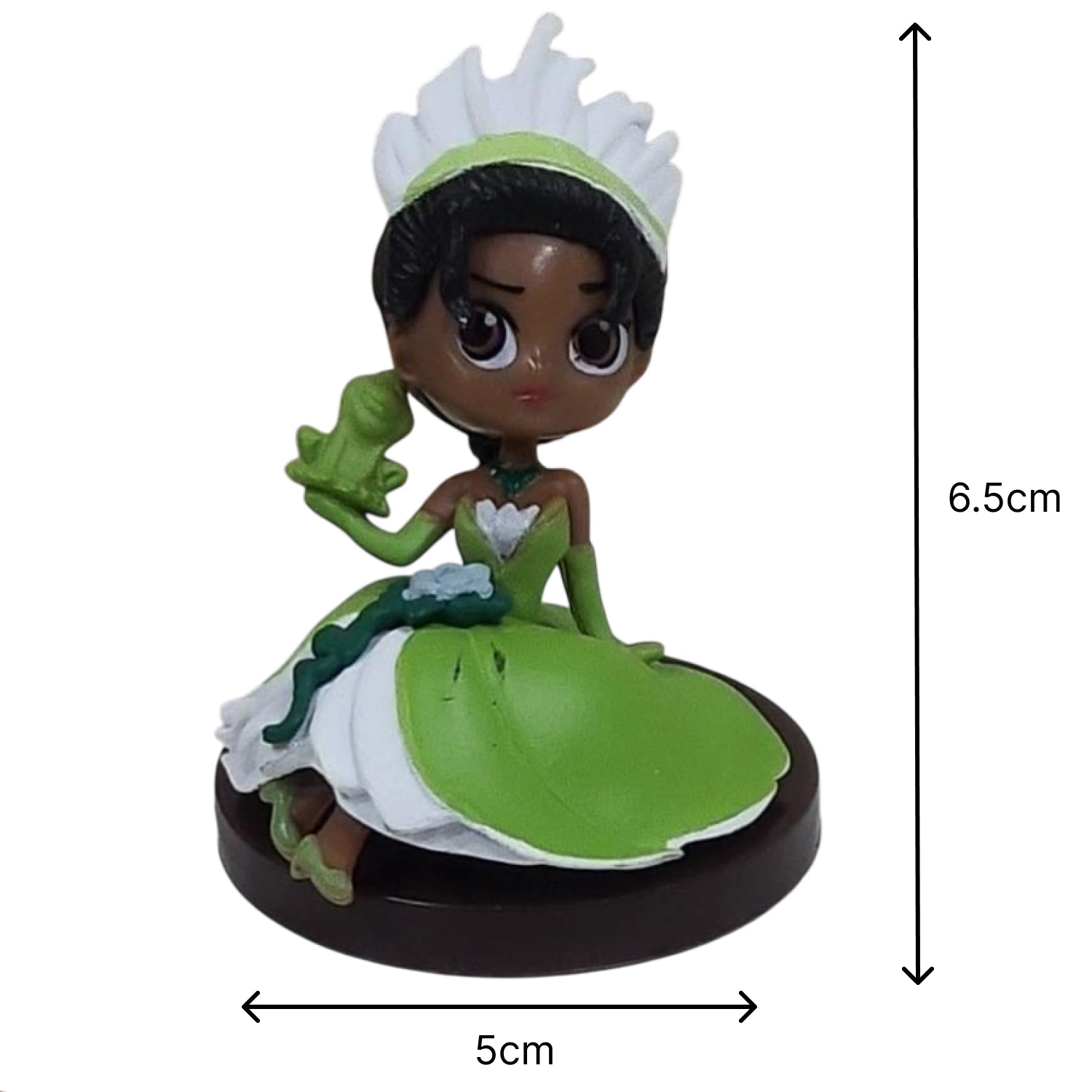 Figurine of a princess in a green dress with a frog Princess Cartoon Cake Topper Set – Fairy Tale Princess Decorations | PVC, showing measurements on a white background.