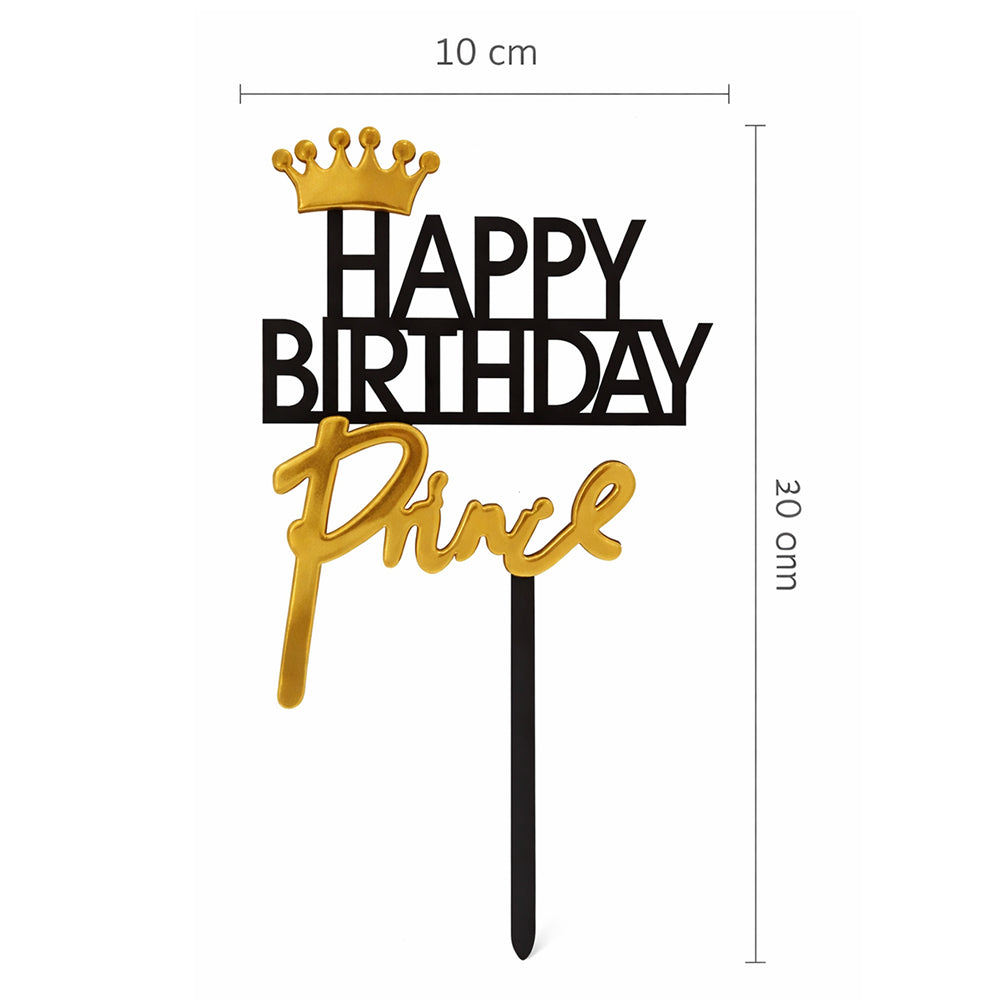 Happy Birthday Acrylic Cake Topper – Prince & King Crown Design (Black & Gold) with dimension
