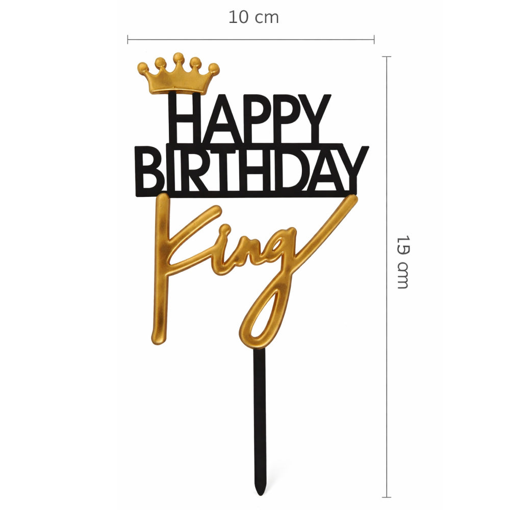 Happy Birthday Acrylic Cake Topper – Prince & King Crown Design (Black & Gold) with dimension
