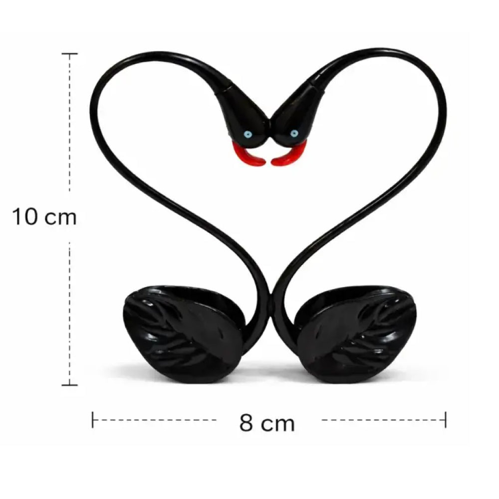 Black butterfly-shaped Swan earrings with measurements on a white background