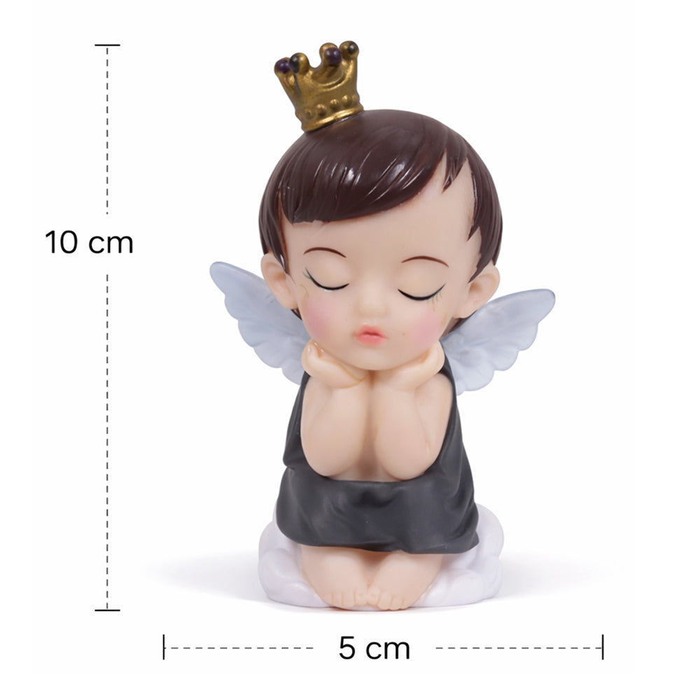 Small figurine of a baby with fairy wings and a crown, shown with measurements on a white background.
