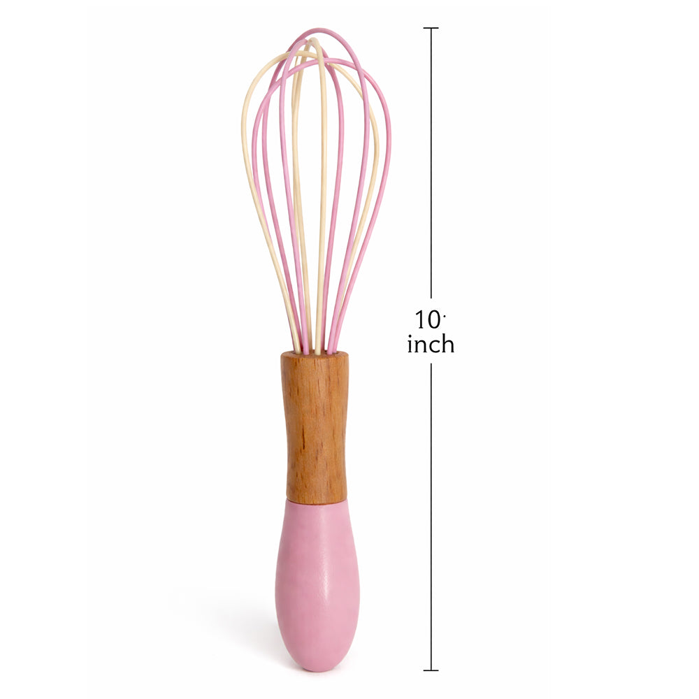 Pink whisk with wooden handle and measurement label on a white background