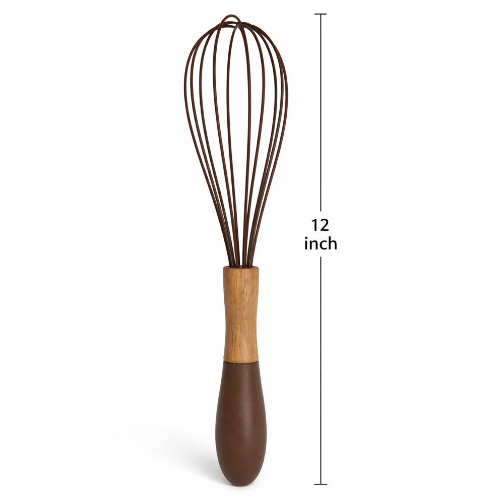 Whisk with wooden handle and measurement label on a white background