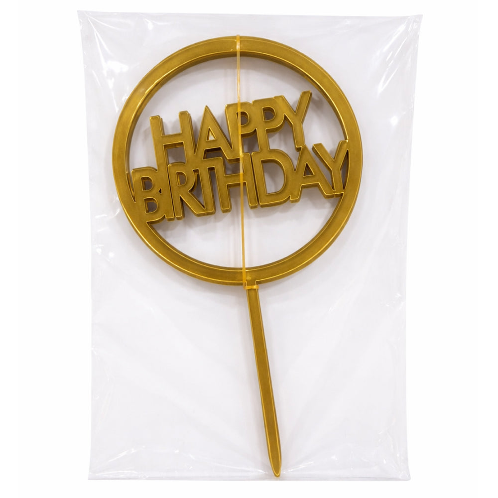 Gold Acrylic 'Happy Birthday' cake topper in clear packaging