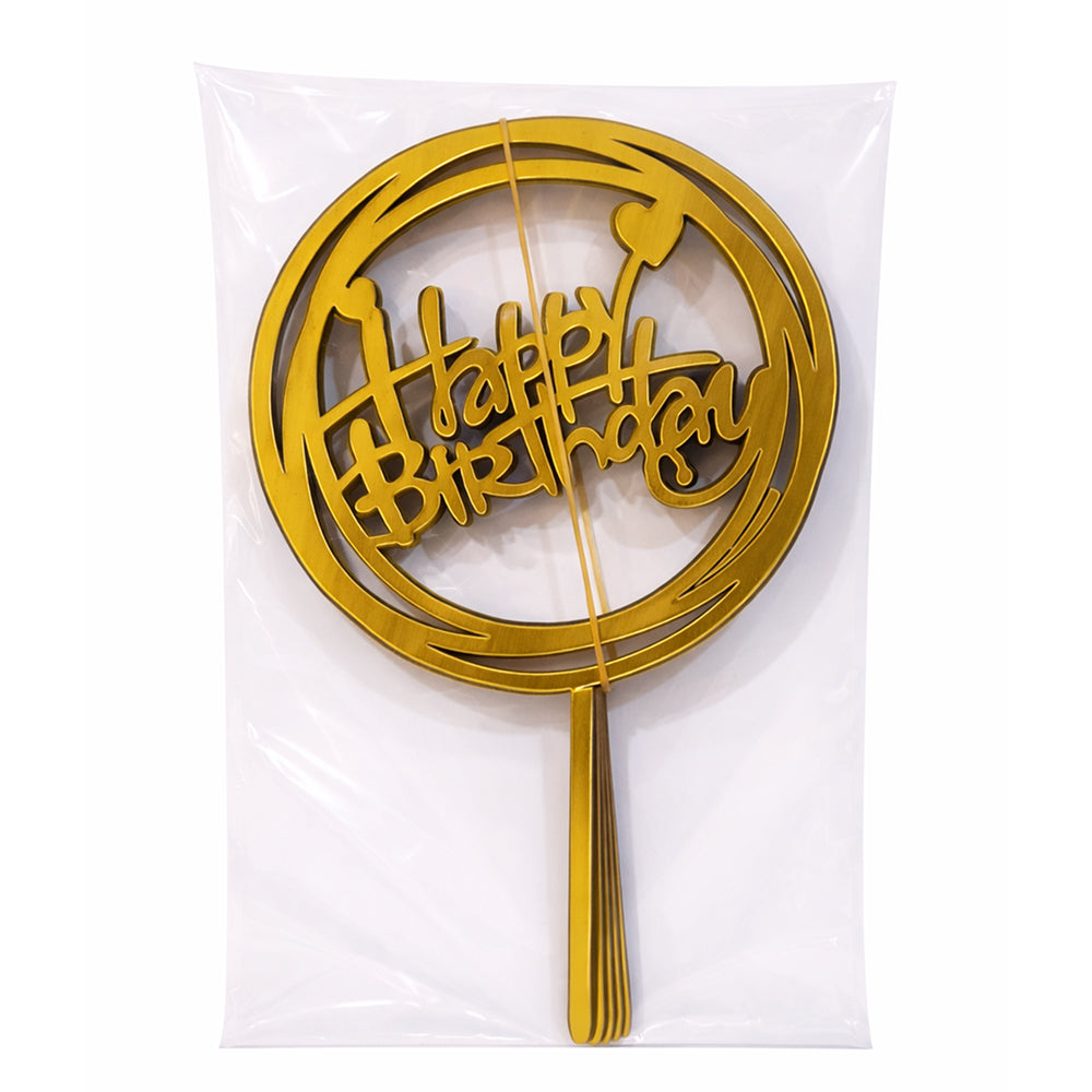 Gold Acrylic 'Happy Birthday' cake topper on a white background