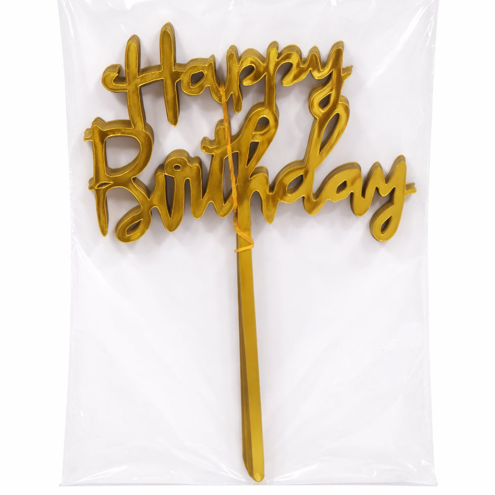Gold Acrylic 'Happy Birthday' cake topper on a white background