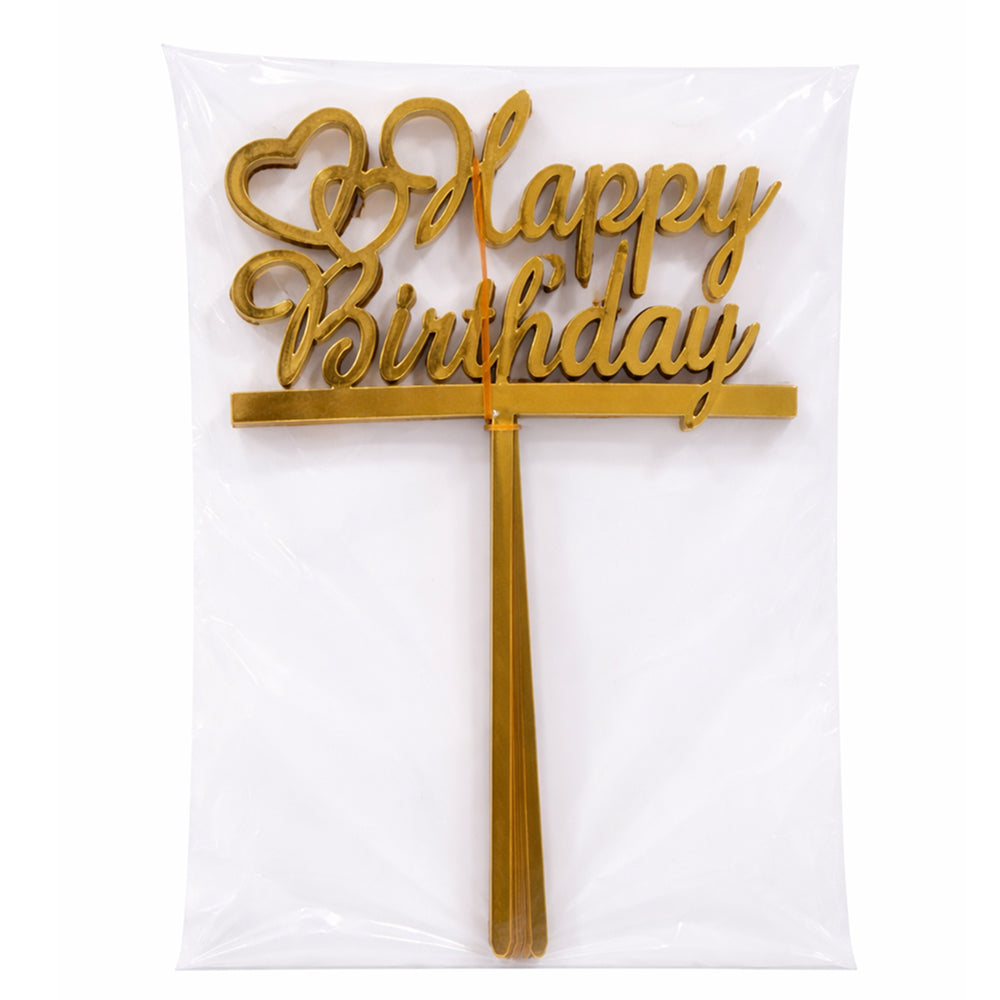 Gold Acrylic 'Happy Birthday' cake topper on a white background
