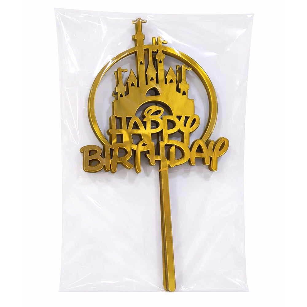 Gold Acrylic castle-shaped 'Happy Birthday' cake topper on a white background