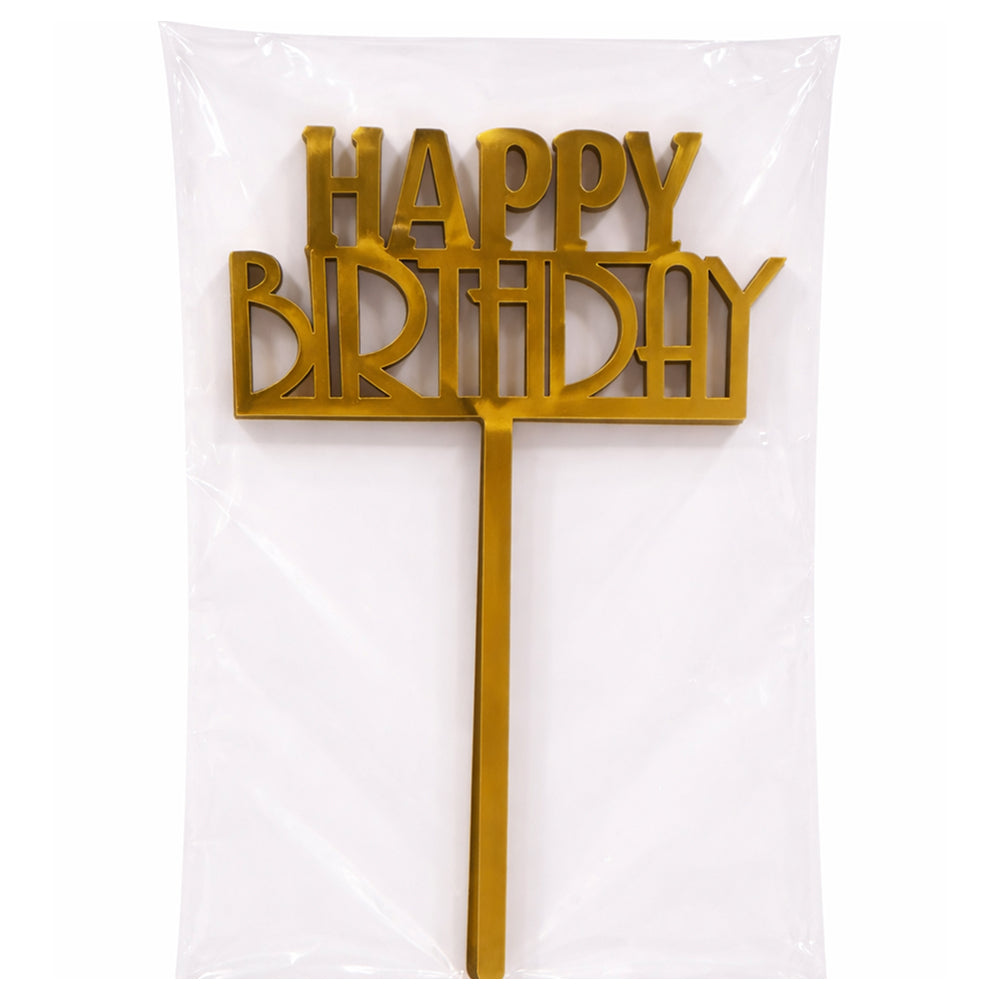 Gold Acrylic 'Happy Birthday' cake topper on a white background
