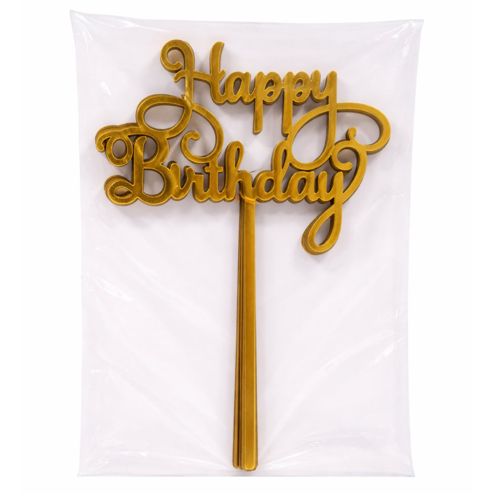 Gold Acrylic 'Happy Birthday' cake topper on a white background