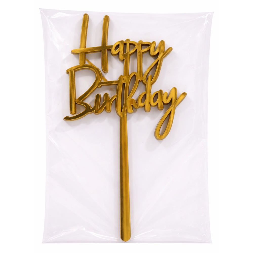 Gold Acrylic 'Happy Birthday' cake topper on a white background