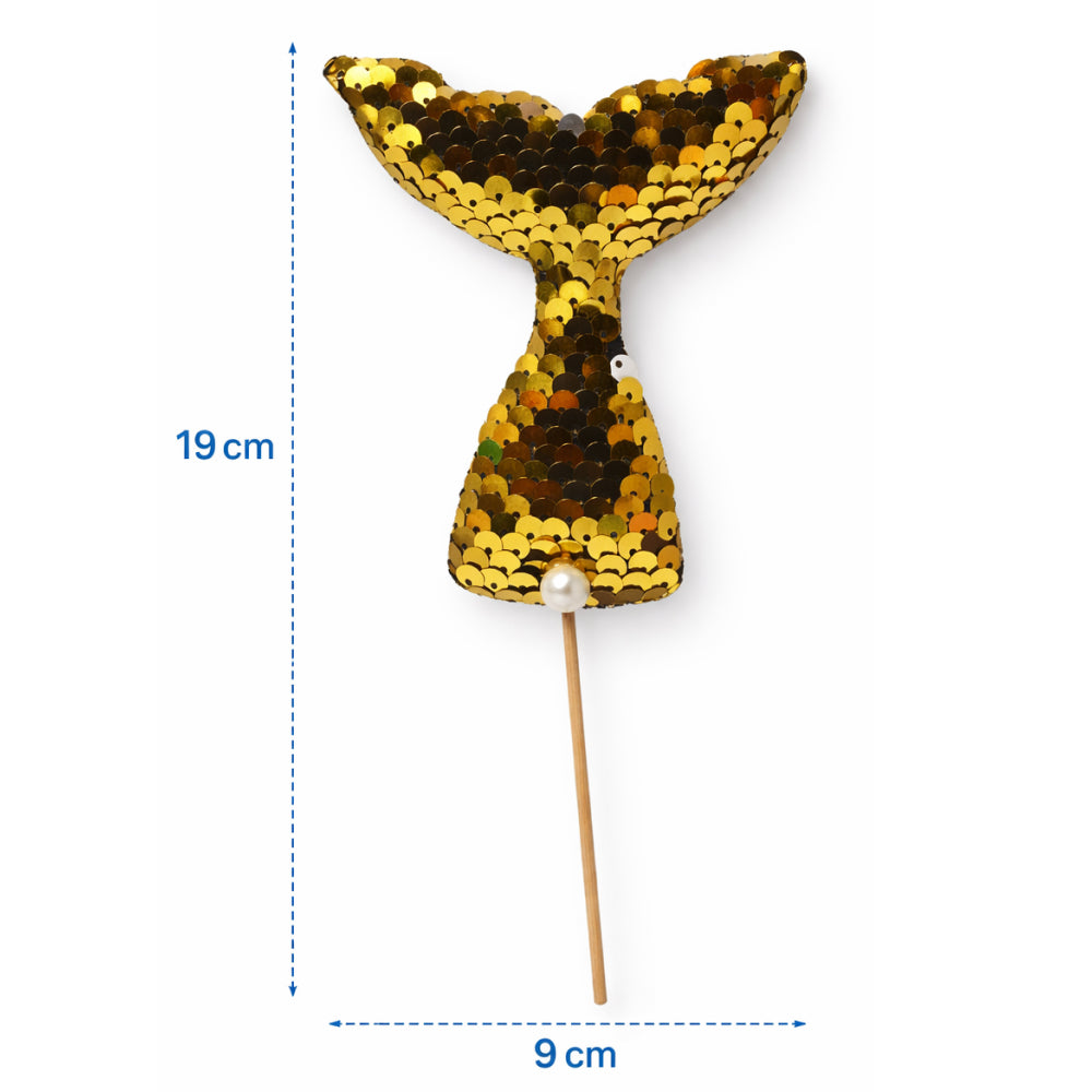 Gold sequin mermaid tail on a stick with measurements indicated