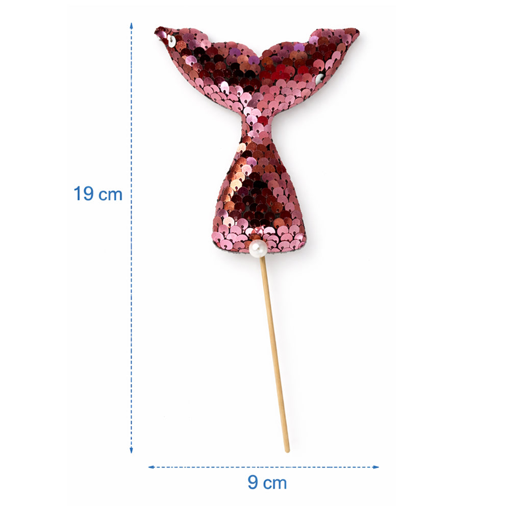 Rose gold sequin mermaid tail on a stick with measurements on a white background