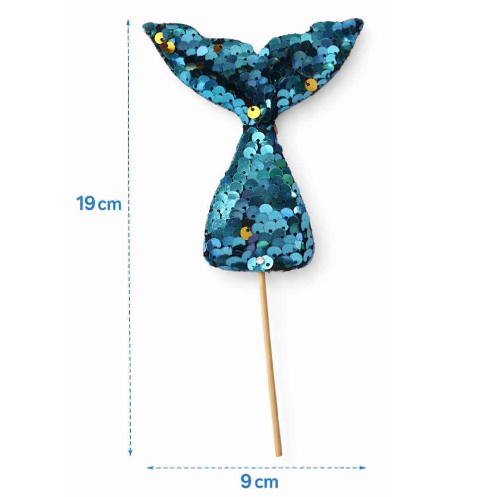 Blue sequin mermaid tail on a stick with measurements on a white background