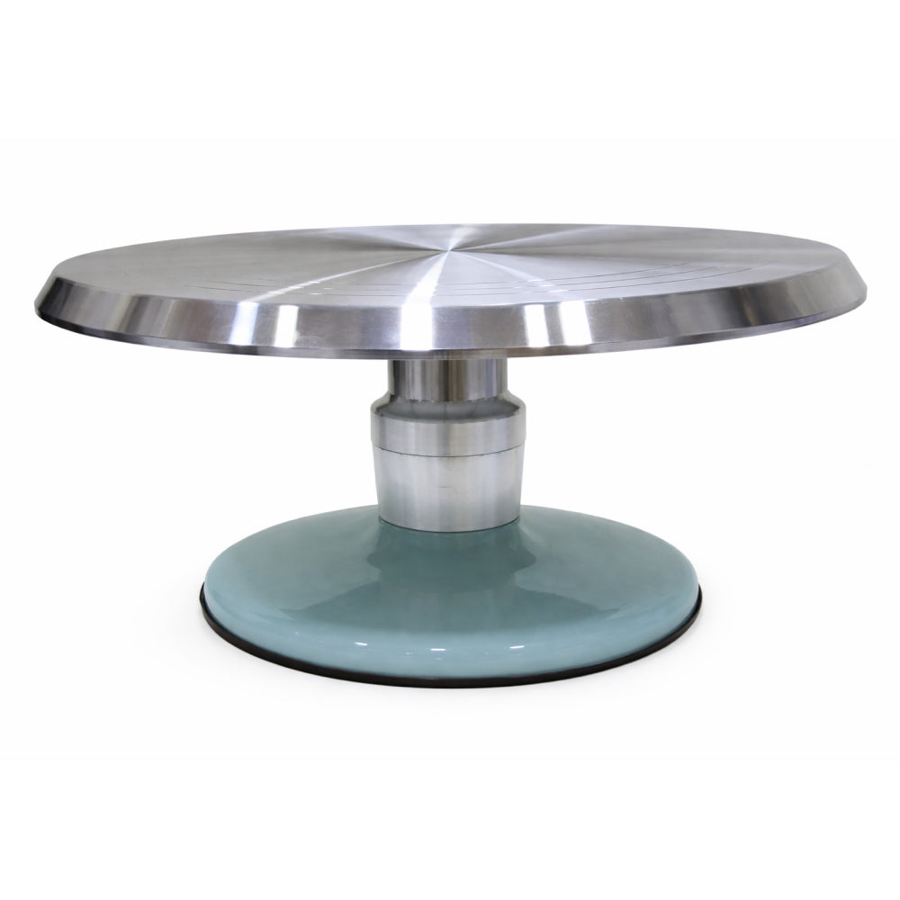 Round Steel cake turntable with a light blue base on a white background