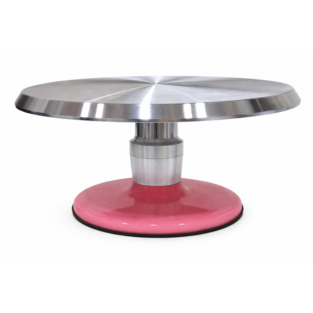 Steel turntable with pink base on a white background