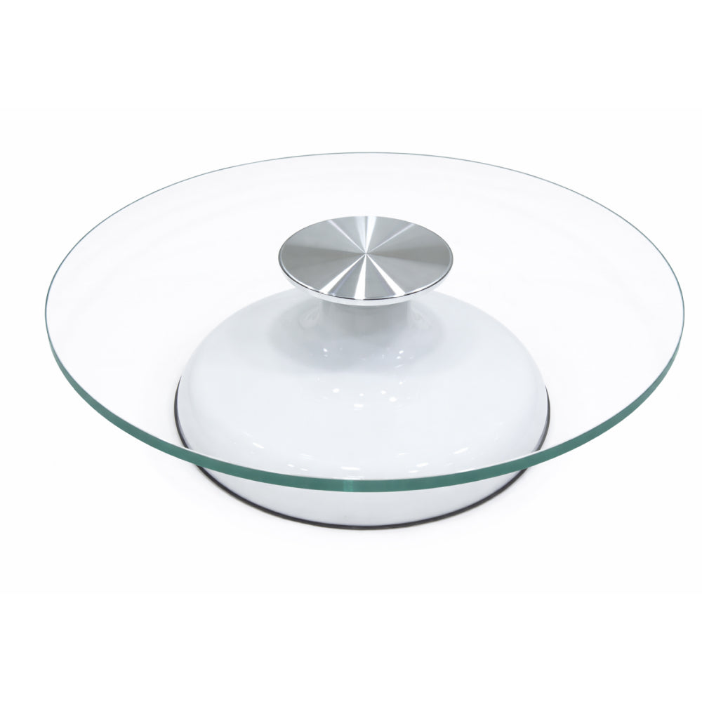 Round Glass turntable with a metallic center piece on a white background