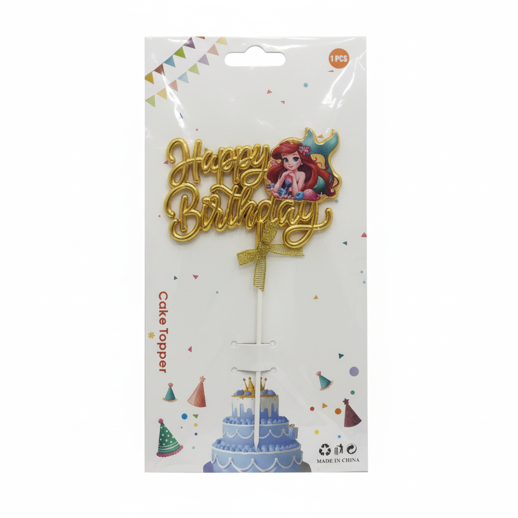 Glitter 'Happy Birthday' Cake Topper - Little Mermaid Princess Theme Decoration (TPR228)