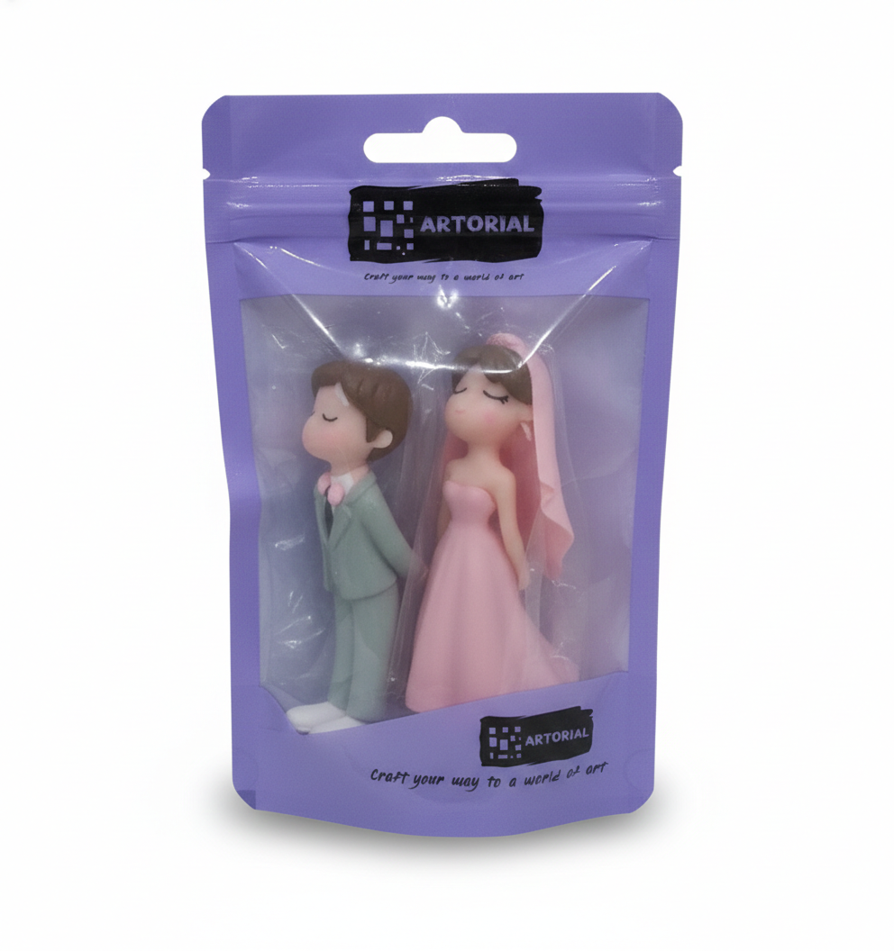 Cute Wedding Couple Cake Topper Figurines – Pink Bride & Grey Groom Set | MTRC518B