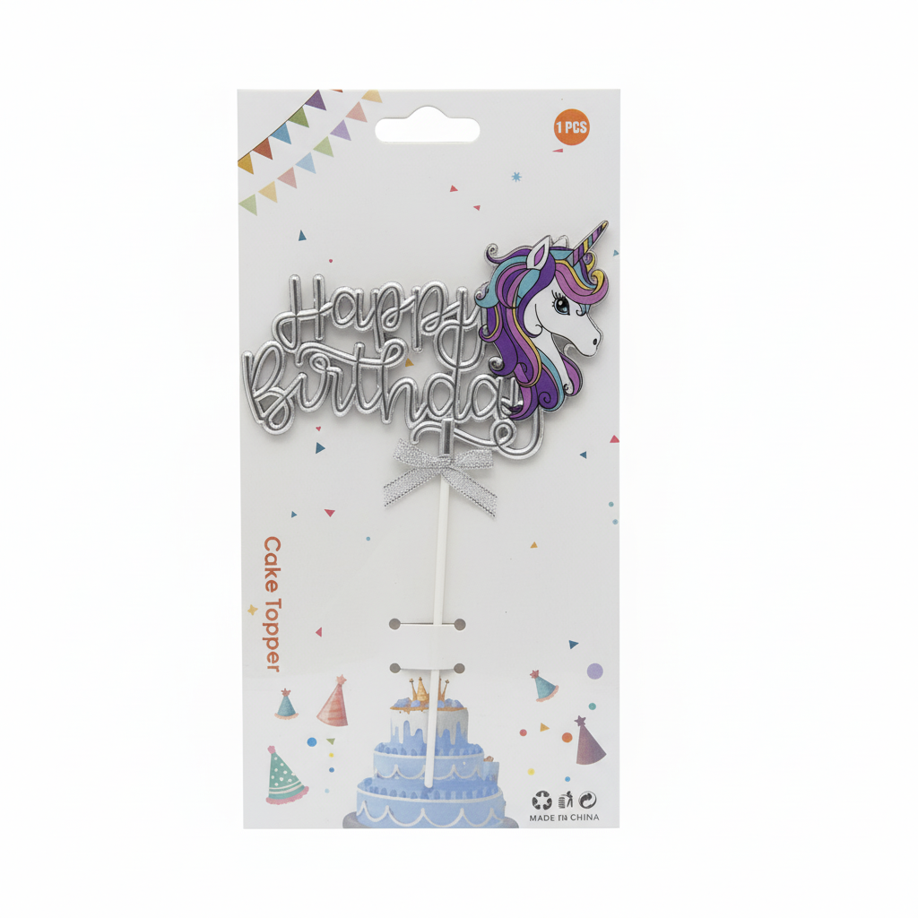 Glitter 'Happy Birthday' Cake Topper - Magical Unicorn Princess Theme Decoration (TPR229)