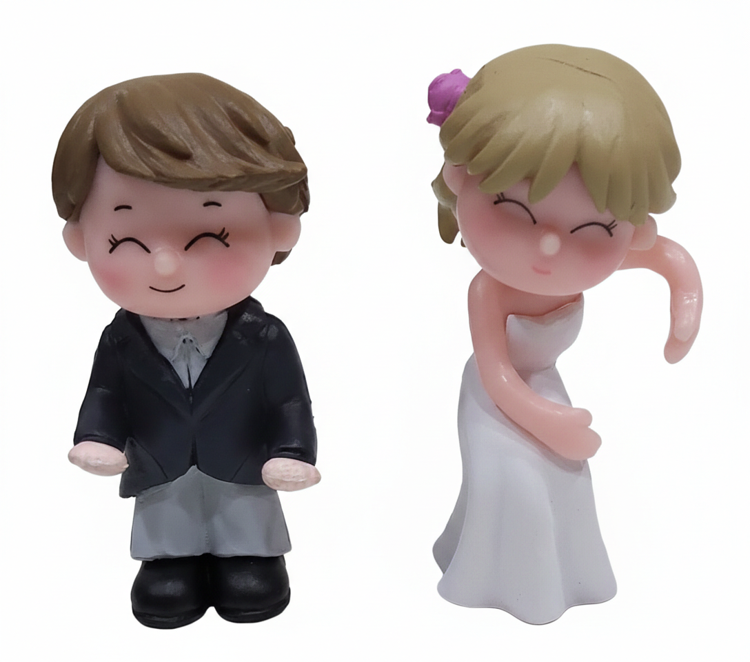 Cute Wedding Couple Cake Topper Figurines – Bride in White & Groom in Black | MTRC213